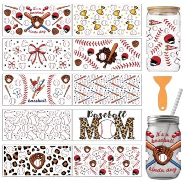 Imagem de arricraft 10 folhas com tema de beisebol UV DTF Cup Wrap para vidro de 473 g, capacete de beisebol luva apito troféu esfregar em decalques adesivos de transferência de PVC para copos DIY madeira