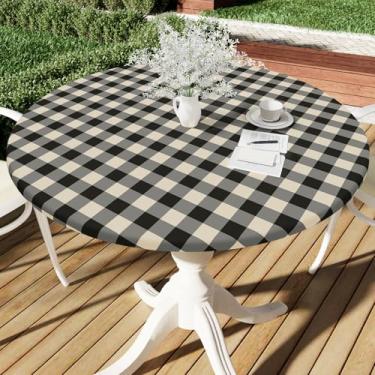 Imagem de Smiry Toalha de mesa redonda de piquenique, toalhas de mesa elásticas à prova d'água de vinil para mesas de 144 a 172 cm, capa de mesa xadrez de búfalo com forro de flanela para jantar, acampamento