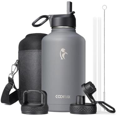 Imagem de Garrafa de água isolada de 1,8 g com canudo e 3 tampas, jarro de água de 1,8 litro Coolflask grande de metal de aço inoxidável, boca larga para esportes, academia ou escritório, sem BPA Keep Cold 48H
