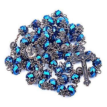 Imagem de Nazareth Store Rosário masculino azul profundo cristalizado, colar de oração feito à mão, medalha de solo sagrado e crucifixo cruzado