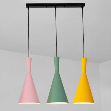 Imagem de Luminária pendente de 3 lâmpadas E26 para sala de jantar, lustre linear moderno, luminária suspensa colorida de metal para quarto, luminária pendente para ilha de cozinha, altura ajustável