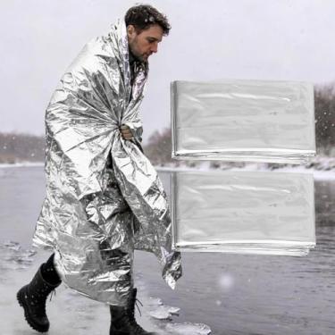 Imagem de Cobertor térmico de emergência, 2 peças, 203 x 139 cm, cobertor espacial portátil Mylar, sobrevivência, acampamento, caminhada, maratona, kit de primeiros socorros, equipamento de resgate