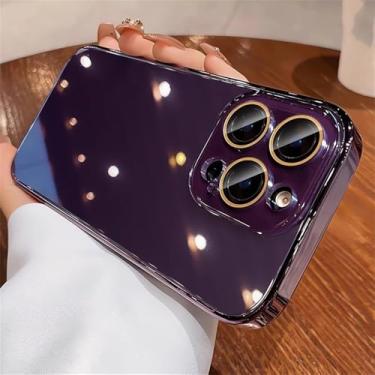 Imagem de Capa protetora de luxo com revestimento cromado e acabamento brilhante para iPhone 15, 16, 17 Pro Max, Air 14, 13, 12 e 11, com lente de vidro cristal, na cor roxa escura.