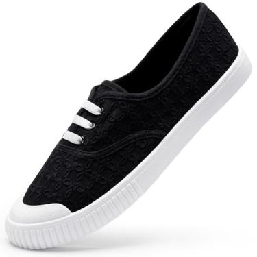 Imagem de Harvest Land Tênis feminino de lona de cano baixo sem cadarço para mulheres tênis de caminhada moderno, Preto, 6