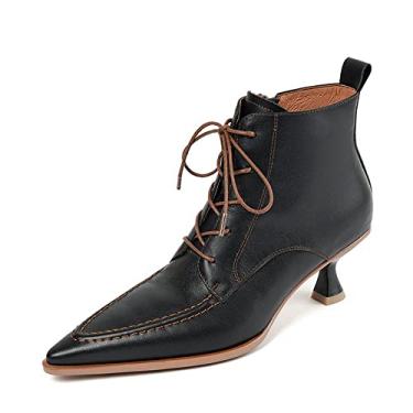 Imagem de TinaCus Bota feminina feita à mão de couro legítimo com costura frontal com zíper lateral e salto gatinho médio, Preto, 36