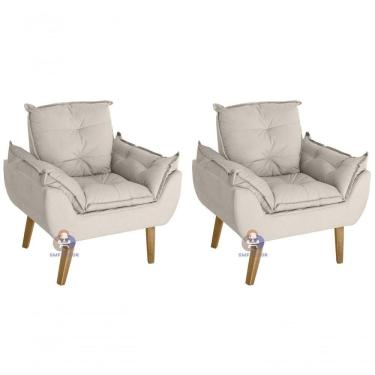 Imagem de Kit 02 Poltrona/cadeira Decorativa Glamour Com Pés Quadrado Bege