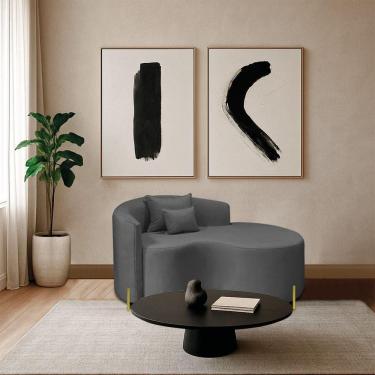 Imagem de Divã Recamier Curvo Sala De Estar Recepção Inglaterra 150cm Pés Metal Dourado Lado Direito Linho Cor Cinza Escuro