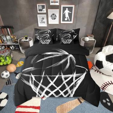 Imagem de Erosebridal Jogo de cama king size de cesta de basquete com lençol | Jogo de cama abstrato de basquete preto e branco em uma bolsa, chique simplista monocromática europeia, conjunto de cama com bola