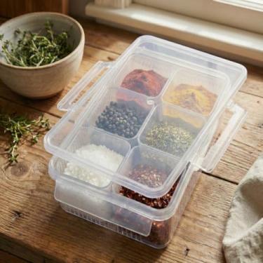 Imagem de Caixa Organizadora de Plástico Transparente com 6 Potes Removíveis e Tampa, Multiuso para Cozinha, Temperos, Costura, Bijuterias, Artesanato, 24 x 17 x 9 cm