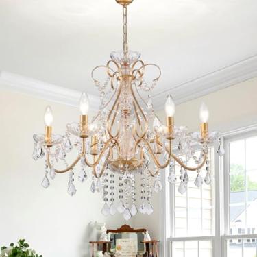 Imagem de AGV LIGHTING Lustre de cristal dourado 6 luzes estilo vela lustre iluminação com pingentes de cristal transparente elegante sala de jantar lustre luminária para quarto sala de estar vestíbulo