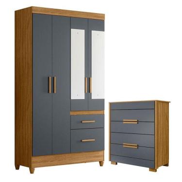 Imagem de Guarda Roupa Solteiro Madri Com Espelho E Cômoda Dhara Freijó Cinza - Moval