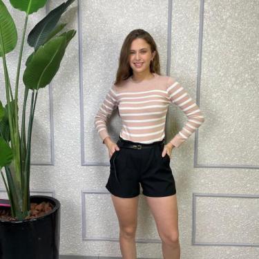 Imagem de Blusa Tricô Modal Feminina Listrado Elegante Tendência Frio - Exposiçã