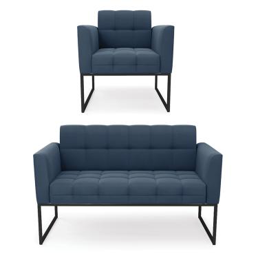 Imagem de Kit 1 Sofá Namoradeira e 1 Poltrona Elisa Suede Azul Marinho Base Metálica Industrial Preto D03 - D'Rossi