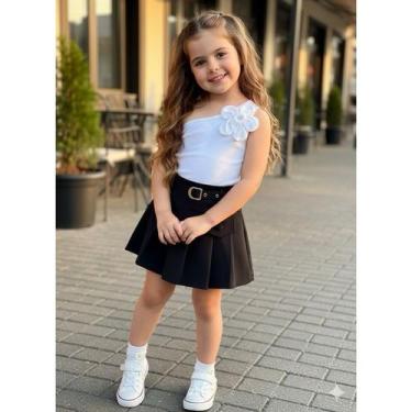 Imagem de Short Saia Infantil Plissado Vermelho Cinto + Blusa Branca Ombro Único