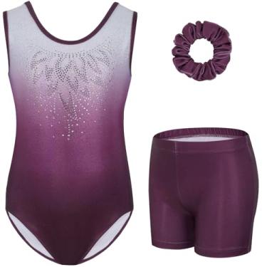 Imagem de Gogokids Collant de ginástica para meninas com strass brilhante e shorts esportivos, Roxo claro, 6-7 Anos