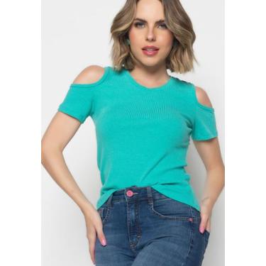 Imagem de Blusa Canelada Manga Curta Ombro Vazado Verde Salvatore, Verde, M