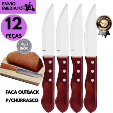 Imagem de Kit 12 Faca Carne Jumbo Serrilhada Cabo Madeira Tipo Outback excelente