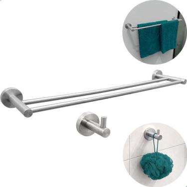 Imagem de Kit Porta Toalha Cabide Duplo 60cm Aço Inox Escovado Toalheiro Gancho 