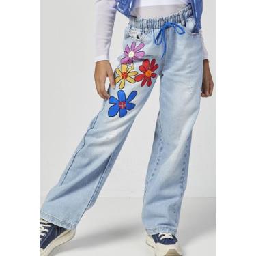 Imagem de Calça Jeans Estampada Wide Leg Infantil Mylu, 6, Jeans