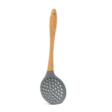 Imagem de Escumadeira Cabo Madeira Nature Cinza 32Cm Silicone - Mai Home