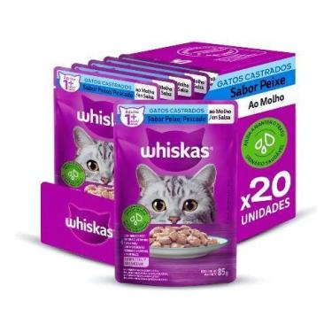 Imagem de Caixa com 20 Sachês Whiskas para gatos adultos castrados sabor peixe a