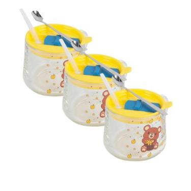 Imagem de Kit 3 Caneca Infantil Vidro C/ Tampa Plástica Colher Canudo Chá Café S