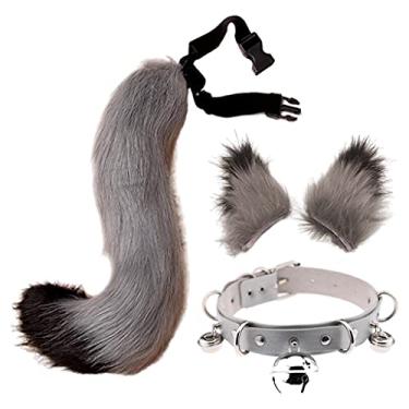 Imagem de Newmind Long Fur Cat Ears and Cat Tail Leather Choker Set Halloween Party Kitty Cosplay Costume Kits - Gray