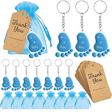 Imagem de 25 conjuntos Chaveiro It's a Boy Baby Footprint Presentes de retorno para chá de bebê para convidados Lembranças de chá de bebê suprimentos e decorações com sacos de organza, obrigado Etiquetas Kraft para lembrancinhas de festa de chá de bebê (azul)