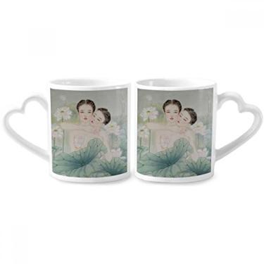 Imagem de Conjunto de canecas de porcelana para casais, aquarela, estilo chinês de lótus, com alça de coração