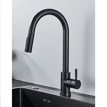 Imagem de Torneira de cozinha de níquel escovado com furo único bica para pia de cozinha torneira misturadora cabeça de pulverização cromada/preta torneira misturadora, preto fosco D