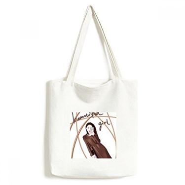Imagem de Bolsa de lona com ilustração de imagem de menina linda bolsa de compras casual bolsa de mão