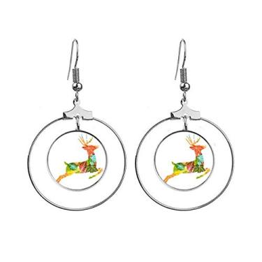 Imagem de Brincos com estampa de alce de folhas coloridas de Natal com argola pendurada, joia circular