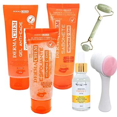 Imagem de Kit Skincare Vitamina C Massageador Jade Serum e Escova de Limpeza Facial