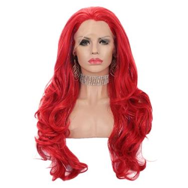 Imagem de Peruca vermelha Tinsel Perucas longas onduladas sintéticas lace frontal peruca feminina cabelo brilhante peruca de festa