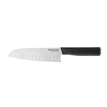 Imagem de KitchenAid Faca Santoku clássica com capa de lâmina de ajuste personalizado, faca de cozinha afiada, aço inoxidável japonês de alto carbono, preto