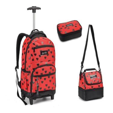 Imagem de Kit Mochila Rodinha Lancheira Estojo Menina Corações Denlex-Feminino