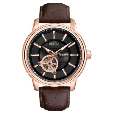 Imagem de Relógio masculino Bulova Classic Automatic 97A109, com pulseira de couro, preto/ouro rosa
