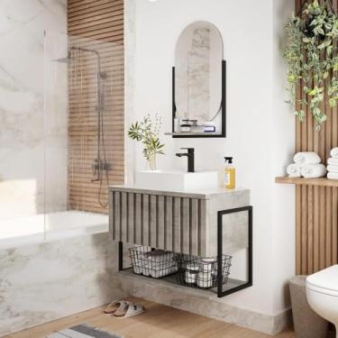 Imagem de Gabinete Balcão Suspenso Cuba Marmorite Havaí 60 cm Aço Banheiro 1 Porta 1 Prateleira Cinza Cimento