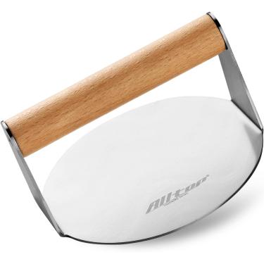 Imagem de ALLTOP Prensa para hambúrguer Smash, hambúrguer antiaderente de aço inoxidável para chapa plana, churrasco, cozinha - ferramenta de grelha redonda de 15,7 cm, cabo de madeira