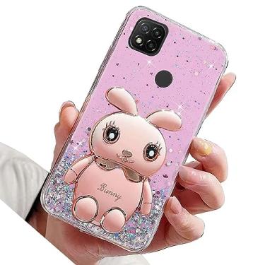 Imagem de Rnrieyta Miagon Rabbit Glitter Stand Case para Xiaomi Redmi 10A, capa protetora de TPU macio transparente brilhante fina à prova de choque com suporte de coelho fofo, rosa