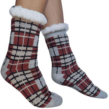 Imagem de Meia Térmica Adulto Antiderrapante Xadrez e Lã Fofinha