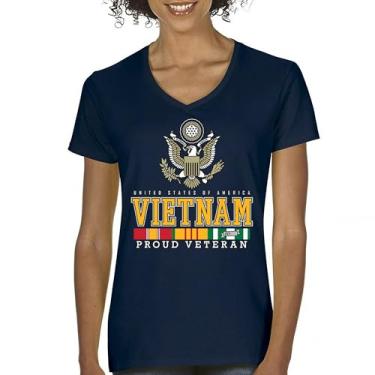 Imagem de Camiseta feminina Vietnam War Proud Veteran com decote em V American Army Vet Saigon Serve Defend Freedom DD 214 Soldier Patriotic Tee, Azul marinho, G