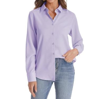 Imagem de J.VER Camisa feminina de botão manga longa sem rugas leve de chiffon sólido blusa de trabalho, Roxo claro, G