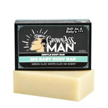 Imagem de Grown Ass Man Co. Barras esfoliantes para o corpo – Sabonete sólido rico em espuma com óleos naturais e esfoliante suave para homens – Livre de plástico e ecológico, limpeza profunda natural e orgânica para todos os tipos de pele, barra de 118 g (bebê grande (sem esfoliante), único)