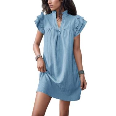 Imagem de Perbai Vestido feminino de verão com decote em V com babados e manga cavada estilo túnica solto básico mini vestido de verão, Azul, GG