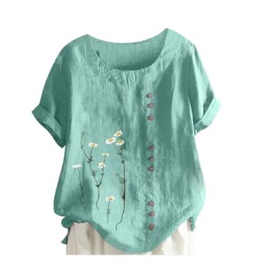 Imagem de Lainuyoah Camisetas vintage femininas modernas de linho de algodão boêmio, manga enrolada, gola redonda, casual, estampado/bordado blusa de verão, D - verde menta, 4G