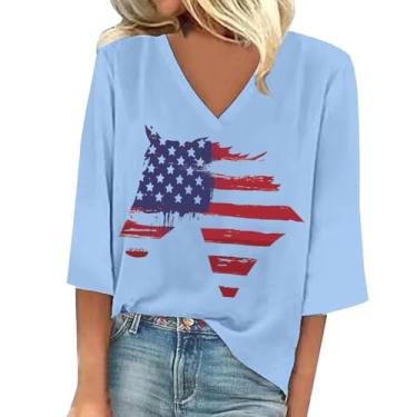 Imagem de Camiseta feminina patriótica com bandeira americana manga 3/4 Dia da Independência Top 4 de julho Vintage Star Stripe Blusa Gráfica Túnica, Azul claro, 4G