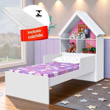 Imagem de Cama Infantil Com Colchão E Prateleiras Casinha Branco Flex Magia Gabr