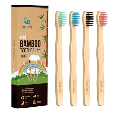 Imagem de Isshah Escovas de dentes infantis de bambu, cabo biodegradável, sem BPA, ecológico, tamanho infantil, pacote com 4