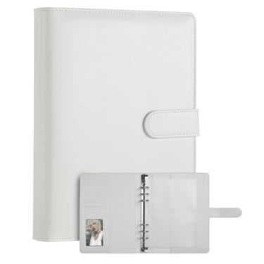 Imagem de Fichário A5 Kpop Photocard, páginas recarregáveis de couro PU, capa organizadora de 6 anéis com 10 páginas de bolso e 1 conjunto de tabelas, agenda pessoal com fivela magnética (branca)